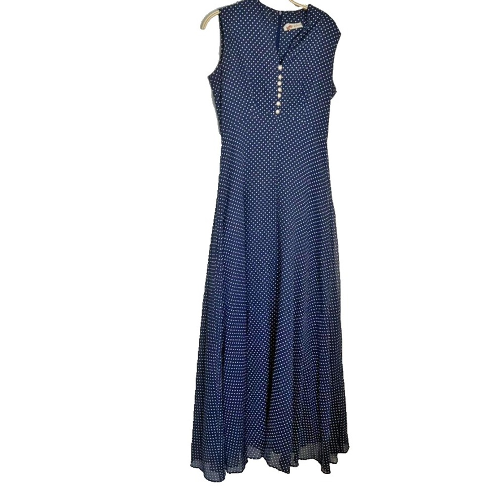 VTG 90s Rockabilly Pearl Polka-Dot Maxi Dress Navy White Retro Pin‎ Up Sz S/M